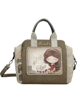 Sac porte mains beige à imprimé avec deux anses et une bandoulière ajustable