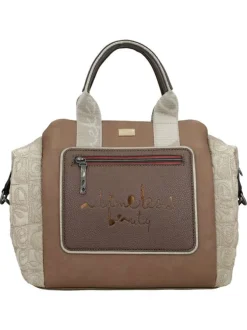 Sac porte mains beige à imprimé avec deux anses et une bandoulière ajustable