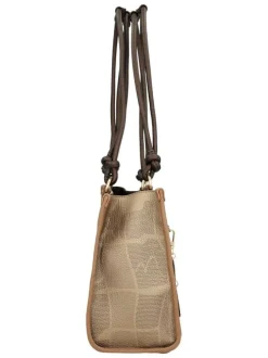 Sac porte épaule beige et marron à imprimé avec deux anses à cordons