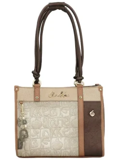 Sac porte épaule beige et marron à imprimé avec deux anses à cordons