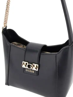 Sac porté à l'épaule noir uni avec logo de la marque en pièces métalliques