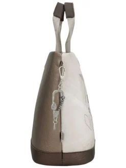 Sac porté main écru imprimé avec un imprimé de la marque sur le pourtour