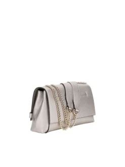 Sac porté épaule argent uni avec un rabat à pression et logo de la marque