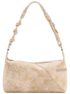 Sac porté épaule beige avec des motifs floraux muni d'une bandoulière