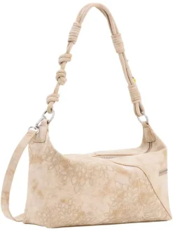 Sac porté épaule beige avec des motifs floraux muni d'une bandoulière
