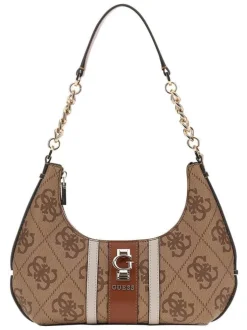 Sac porté épaule beige avec imprimés monogrammes et logo métallique