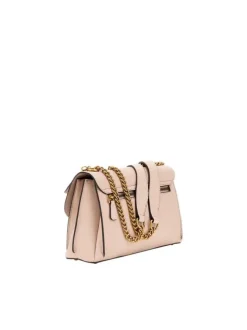 Sac porté épaule beige uni avec une bandoulière en chaine et nom de la marque