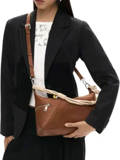 Sac porté épaule camel avec des motifs floraux muni d'une bandoulière