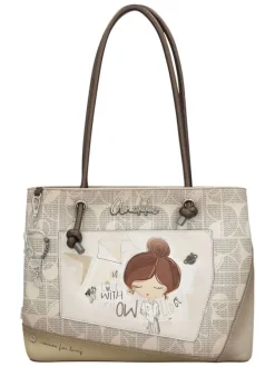 Sac porté épaule écru imprimé avec une poche extérieure zippée à l'arrière