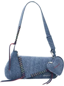 Sac porté épaule en coton bleu denim uni pourvu d'une anse