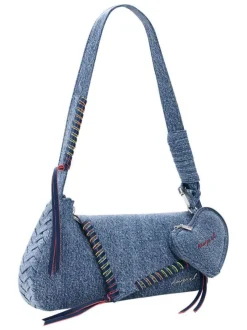 Sac porté épaule en coton bleu denim uni pourvu d'une anse