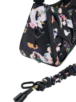 Sac porté épaule en coton noir avec des imprimés floraux muni d'une anse