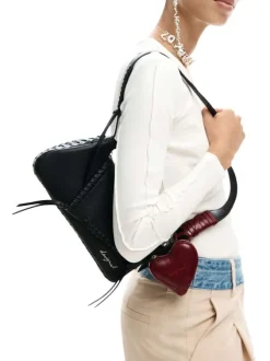 Sac porté épaule en coton noir uni muni d'une anse et d'un porte-clé
