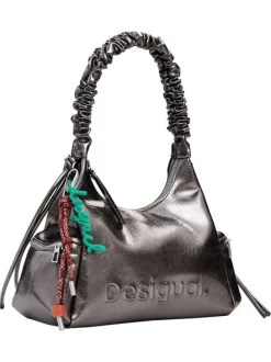 Sac porté épaule gris métallisé avec une anse en accordéon et des poches zippées