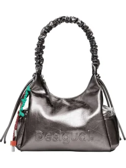 Sac porté épaule gris métallisé avec une anse en accordéon et des poches zippées