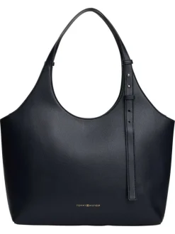 Sac porté épaule marine pourvu du nom de la marque doré embossé