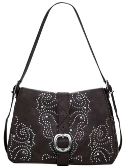 Sac porté épaule marron à motifs cloutés avec une ceinture décorative