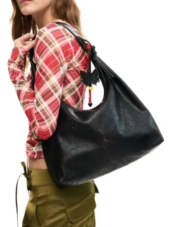 Sac porté épaule noir avec des motifs floraux muni d'une anse