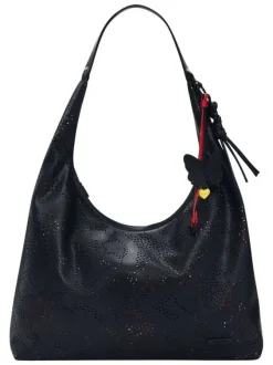 Sac porté épaule noir avec des motifs floraux muni d'une anse