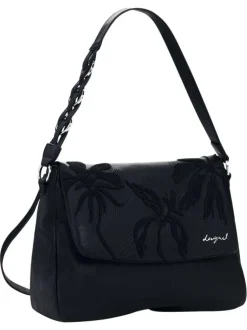 Sac porté épaule noir avec des motifs floraux pourvu d'une anse