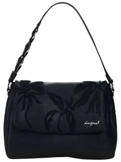 Sac porté épaule noir avec des motifs floraux pourvu d'une anse