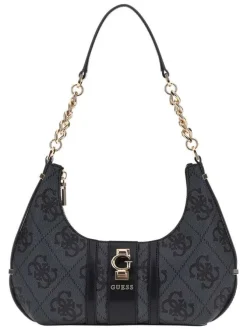 Sac porté épaule noir avec un imprimé monogramme et un logo métallique doré