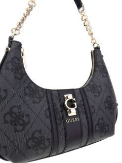 Sac porté épaule noir avec un imprimé monogramme et un logo métallique doré