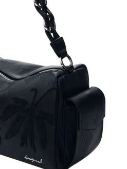 Sac porté épaule noir floral muni d'une anse et d'une bandoulière