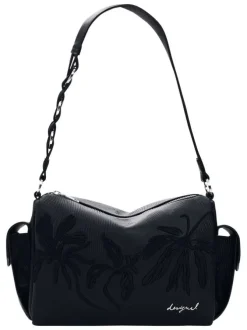 Sac porté épaule noir floral muni d'une anse et d'une bandoulière