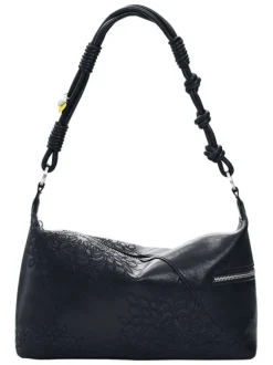 Sac porté épaule noir à motifs floraux muni d'une anse et d'une bandoulière
