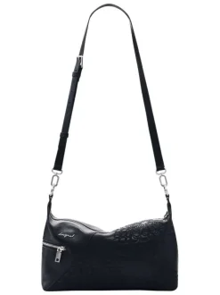 Sac porté épaule noir à motifs floraux muni d'une anse et d'une bandoulière