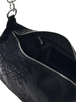 Sac porté épaule noir à motifs floraux muni d'une anse et d'une bandoulière