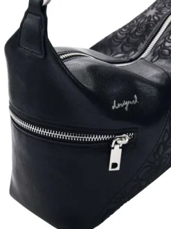 Sac porté épaule noir à motifs floraux muni d'une anse et d'une bandoulière