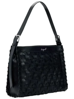 Sac porté épaule noir uni avec un revêtement tressé muni d'une anse