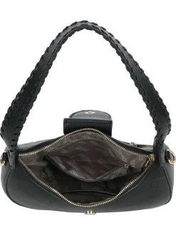 Sac porté épaule noir uni pourvu d'une anse arrondie avec des détails tressés
