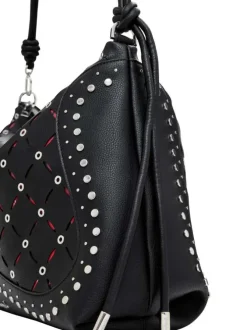 Sac porté épaule noir zippé avec des œillets et des clous décoratifs