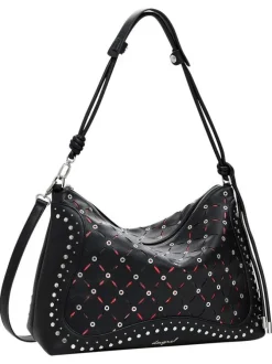 Sac porté épaule noir zippé avec des œillets et des clous décoratifs