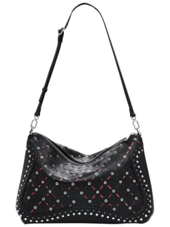 Sac porté épaule noir zippé avec des œillets et des clous décoratifs