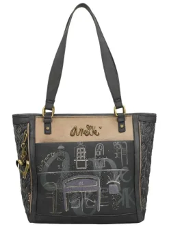 Sac shopping anthracite pourvu de multiples poches et orné de motifs exclusifs