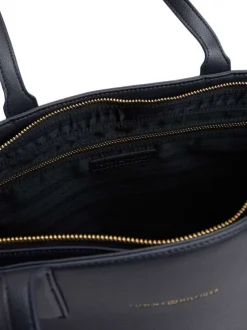 Sac shopping marine uni avec logo doré embossé et fermeture zippée