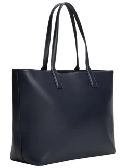 Sac shopping marine uni avec logo doré embossé et fermeture zippée