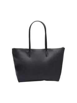 Sac shopping noir uni avec grandes anses et logo crocodile sur l'avant