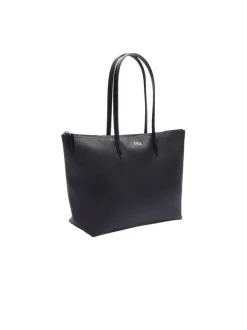 Sac shopping noir uni avec grandes anses et logo crocodile sur l'avant