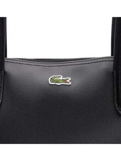 Sac shopping noir uni avec grandes anses et logo crocodile sur l'avant