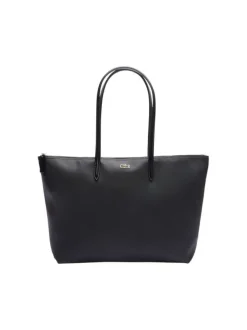 Sac shopping noir uni avec grandes anses et logo crocodile sur l'avant