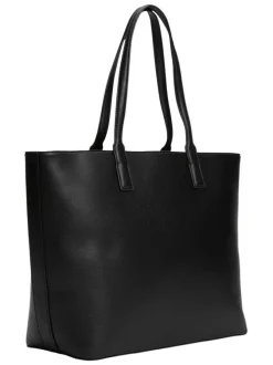 Sac shopping noir uni avec logo doré embossé et fermeture zippée