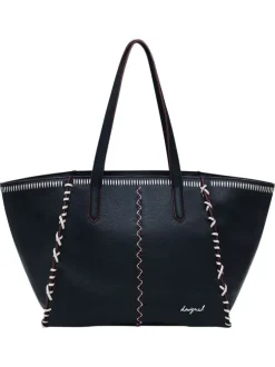 Sac shopping noir uni en simili-cuir avec 1 bandoulière amovible et 2 anses