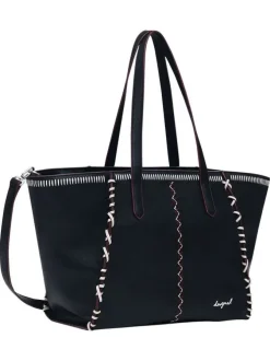 Sac shopping noir uni en simili-cuir avec 1 bandoulière amovible et 2 anses