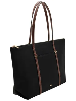 Sac shopping noir uni pourvu d'une fermeture zippée et de deux anses marrons