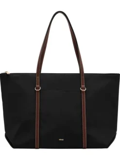Sac shopping noir uni pourvu d'une fermeture zippée et de deux anses marrons